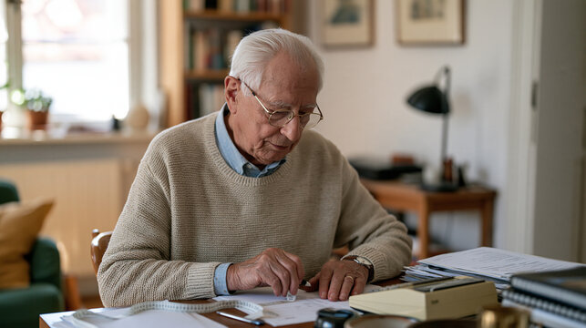Czech retiree sitting in sunlit apartment calculating total interest paid over thirty years on original mortgage, adding machine tape curling off the desk, a long pause of