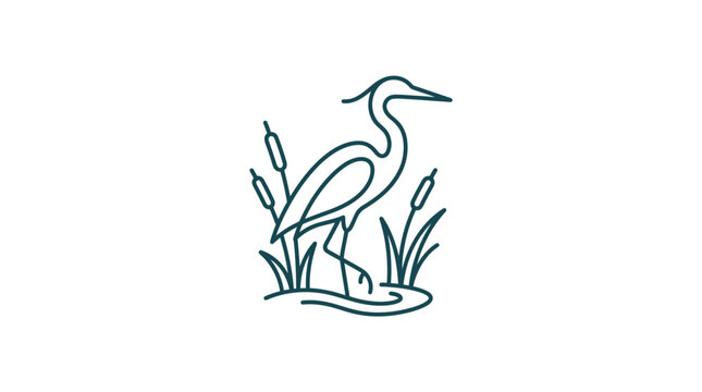 Heron bird line art icon with cattails in a pond for nature branding