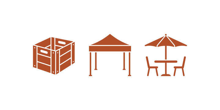 Outdoor event furniture flat icon set orange elements for catering setup.