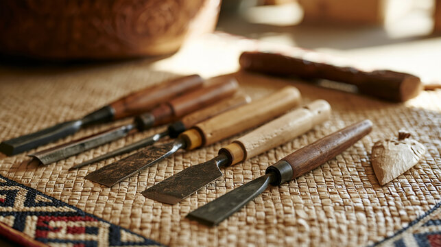 Maori woodcarver's personal collection of hand chisels and adzes laid on a woven flax mat beside an unfinished pendant, indigenous craftsmanship concept for traditional artisan