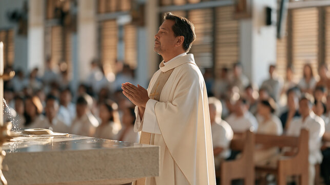 Filipino bishop consecrating new parish church during dedication Mass, holy water sprinkled across stone altar while congregation seated in wooden pews watches ceremony, tropical