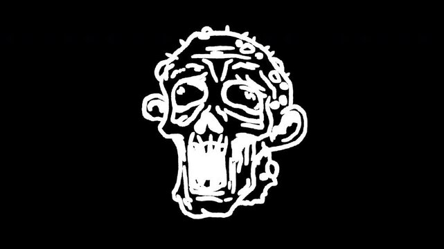 Seamless looping line boil 2D animation of scary zombie head with an open mouth on transparent alpha channel. Creepy line art monster icon for Halloween, horror themes, and dark projects.
