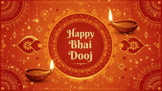 Happy Bhai Dooj Festival Greeting Animated Background with Glowing Diya Lamps and Rangoli Mandala
