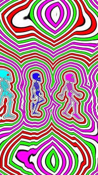 Seamless vertical video psychedelic walking skeletons painted drawn style cartoon. Hypnotic Halloween background with wave with marker stroke effect 