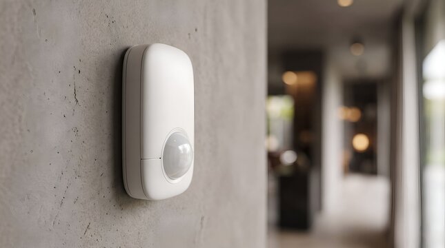 White Smart Motion Sensor Mounted on Concrete Wall, Wireless PIR Security System, Modern Home Automation and Surveillance Device in Bright Interior
