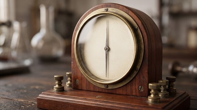 Vintage Galvanometer Scientific Measurement Meter in Wooden Casing, Antique Physics Laboratory Equipment with Brass Terminals on Rustic Table
