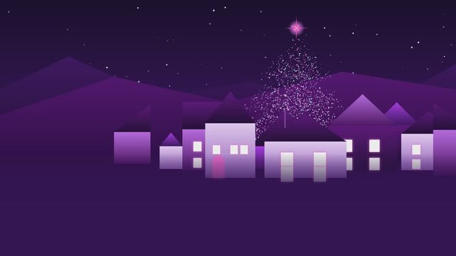 Minimalist digital village animation with glowing festive tree