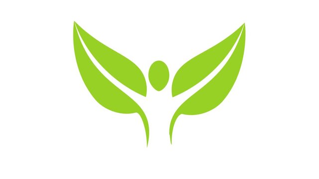 Animated human figure with green leaf wings logo