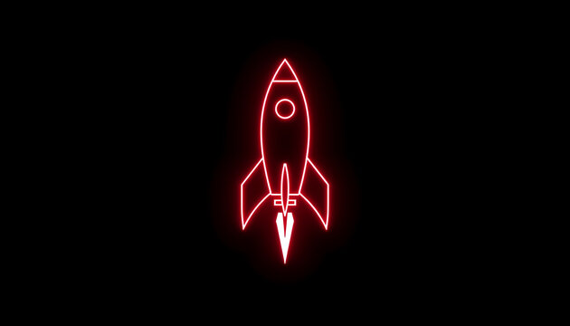 A vibrant pink neon outline of a rocket ship rising against a stark black background creates a futuristic and dynamic visual effect perfect for technology or space-themed designs