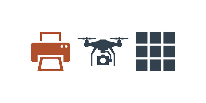 Modern printer and remote surveillance drone with grid menu icons.