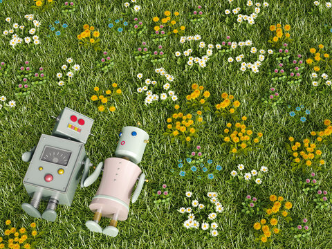 Male and female robot lying in flower meadow, 3D rendering
