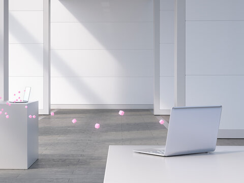 Two laptops connected by pink cubes, 3d rendering