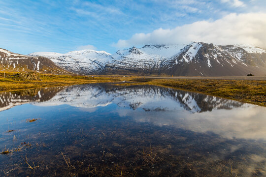 Iceland, Hofn, Mountain reflection in a pond