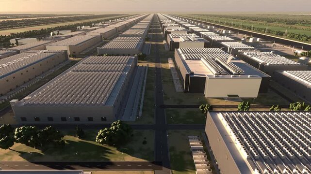 Aerial view of a massive data center server farm facility with rows of industrial buildings and cooling fans in a seamless 3D loop