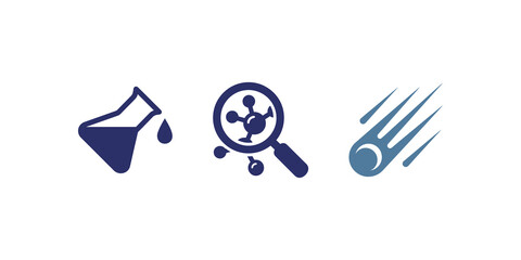 Science experiment icons set featuring flask molecule magnifier and comet. © SAJID