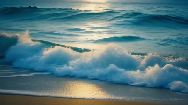 Ocean waves gently breaking on a sandy beach at sunset with golden light