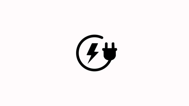 Electric power charge icon with plug and bolt animation on white background. Lightning bolt and electric plug inside circle animation for charging supply, connection, energy, power and technology