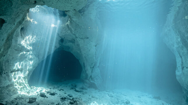 Cyan Freshwater Cavern with Sunlight Shafts