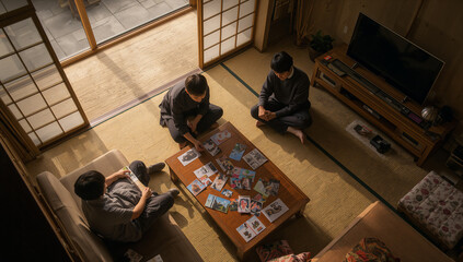 Obraz premium 和室の座卓に写真やカードを広げて見る三人