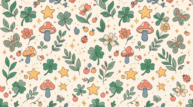 Botanical seamless pattern with mushrooms and clovers