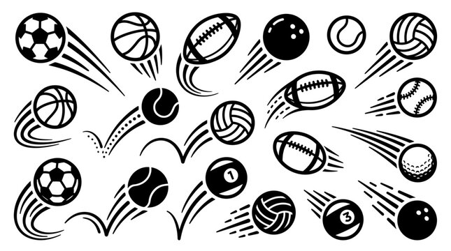 Sports ball vector icon set showcasing flying motion trails, dynamic bounce trajectory lines and equipment symbols, concept for active athletic design and competitive game branding