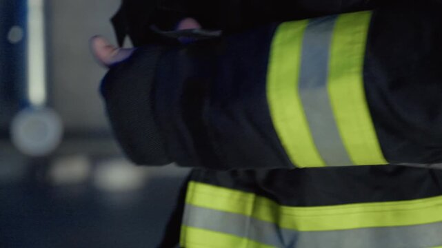 Close-up of a firefighter's hands fastening the belt buckle of his protective equipment before responding to a fire call.