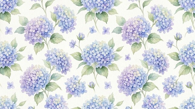 Seamless watercolor hydrangea pattern, pastel periwinkle and soft lilac flower clusters, romantic bridal surface pattern design.