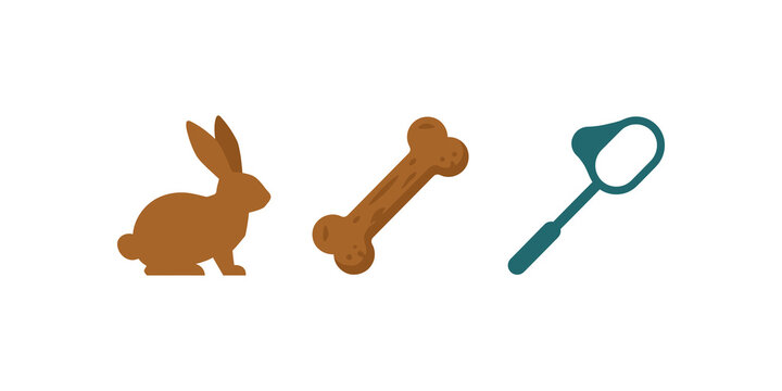 Pet accessories rabbit bone and scoop flat icon on transparent.