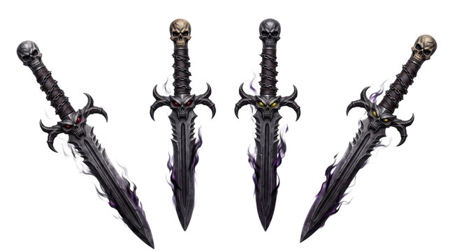 Darkfantasy Graphic Dark fantasy demon sword cursed broadswords with skull hilts wrapped in thorny iron chains and dark flames