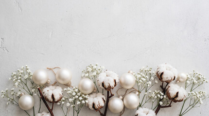 Fototapeta premium Pearl white baubles, cotton and gypsophila on plaster