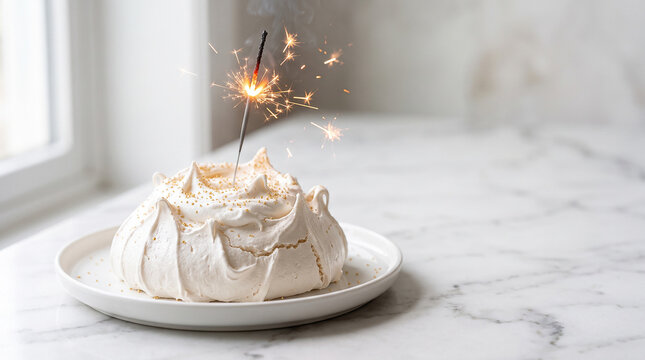 White meringue cake with sparkler on marble