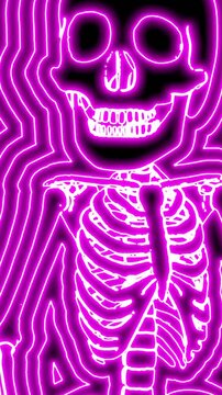 Seamless vertical video of a walking skeleton with wave effect. Funny halloween background with neon fluorescent effect for parties and events.