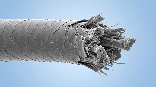 Microscopic view of damaged hair strand showing split ends and fibers
