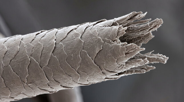 Microscopic view of hair cuticle showing severe damage and split ends