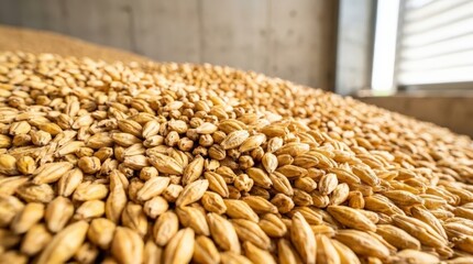 Obraz premium A close up view of golden barley kernels in storage representing a successful grain silo harvest with natural warm lighting and detailed texture closeup for agricultural themes