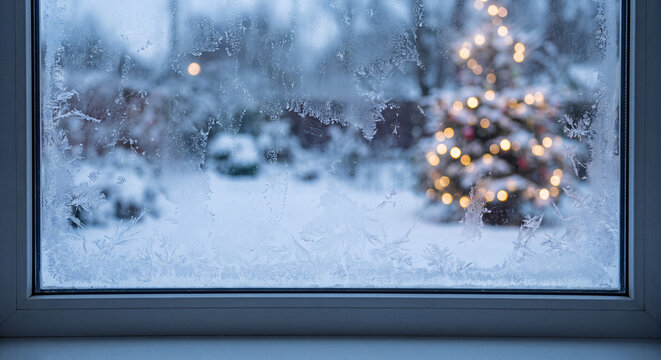 Indoor window view frames a snowy winter forest and illuminated Christmas tree outdoors