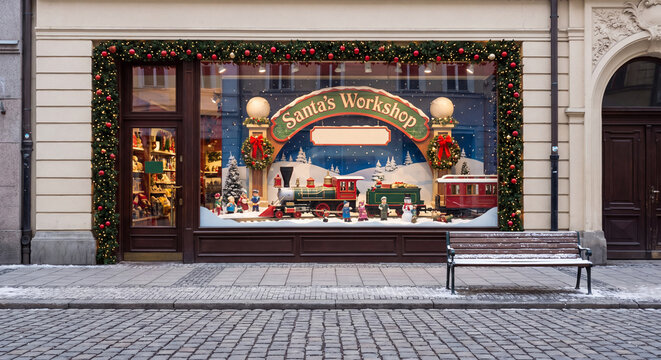 Santa workshop toy display in a decorated storefront window for Christmas on a building street with bench