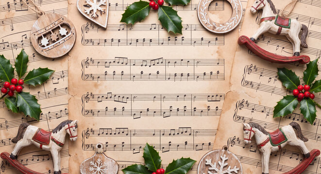 Vintage sheet music notes with wooden horses pine branches and Christmas ornaments on festive background