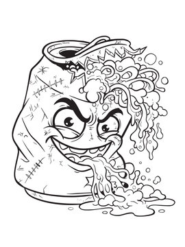 Black and white outline vector illustration of a crazy graffiti spray can character