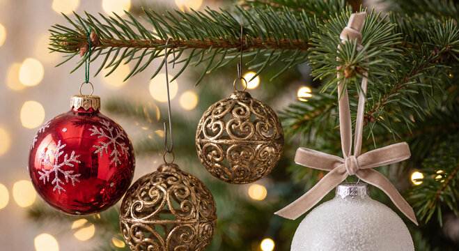 Close-up of red and golden Christmas tree baubles hanging on spruce branch with bokeh