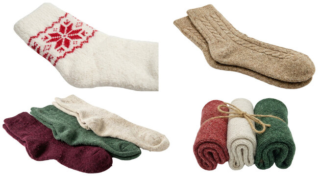 A cozy collection of festive winter socks in various colors, textures and patterns, perfect for holiday themed designs.