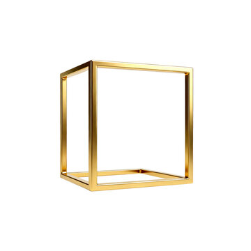 Golden three-dimensional hollow cube frame on plain white background