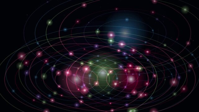 Luminous multicolored nodes follow curved orbital paths across a dark looping galaxy scene