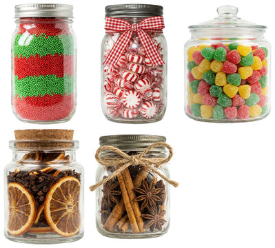 A festive collection of glass mason jars filled with holiday spices, candies, and sprinkles for seasonal decorating.