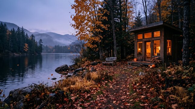 Title: Cozy Autumn Cabin Beside a Moonlit Forest Lake