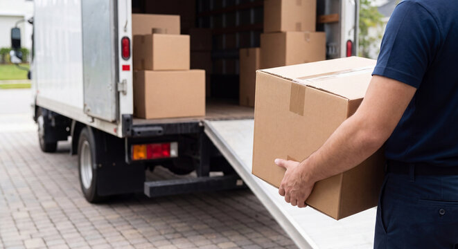 Delivery worker unloading cardboard boxes from cargo van truck during package courier shipping service