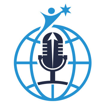 Globe with arrow up and microphone, suitable for podcast talk about motivation and progress to success. Logo design vector.