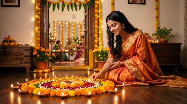 Mujer encendiendo l&aacute;mparas de aceite junto a rangoli durante Diwali