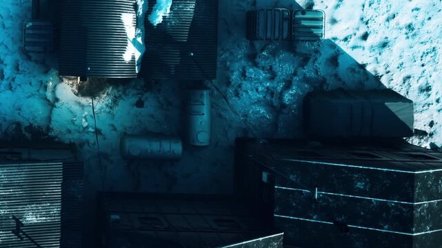 Cargo containers are arranged in a construction site at night. The space has dim lighting, highlighting the texture of the containers. A few tools are visible on the ground.