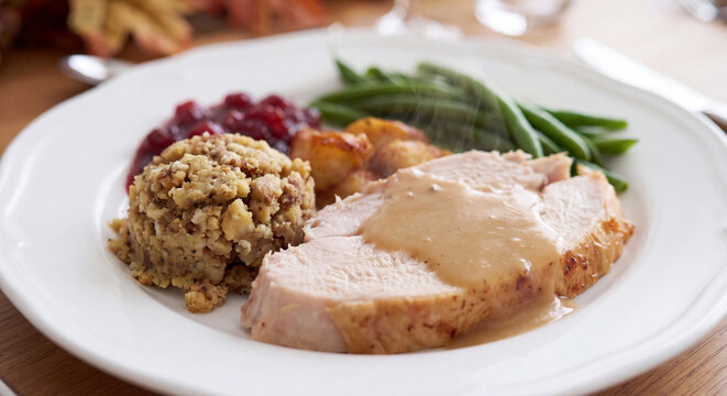A festive autumn meal of sliced roasted turkey with warm gravy and stuffing served on a white Thanksgiving dinner food plate